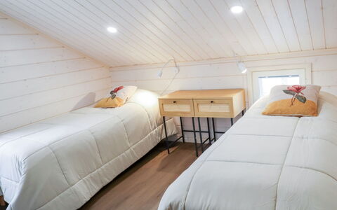 Villa Lumo: Flooring, Floor, Interior Design, Furniture, Wood, Ceiling, Bedroom, Bed, Room, Lighting