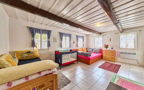 Roubenka U Potoka: Furniture, Interior Design, Wood, Floor, Ceiling, Flooring, Home, Room, Bedroom, Bed
