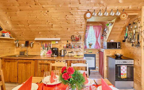 Roubenka U Potoka: Wood, Interior Design, Furniture, Home, Flooring, Room, Ceiling, Cottage, Log Cabin, Kitchen