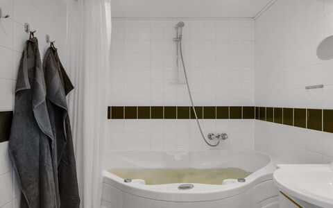 Alwina - 900M from the Sea: Bathroom, Bathtub, Plumbing Fixture, Interior Design, Flooring, Tap, Floor, Plumbing, Tile, Shower