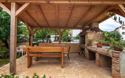 Poreč 131: Wood, Furniture, Wood Stain, Garden, Shade, Outdoor Structure, Outdoor Furniture, Patio, Backyard, Chair