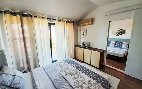 Novi Vinodolski 151: Furniture, Bed, Interior Design, Bedroom, Floor, Flooring, Bed Sheet, Room, Bedding, Wood