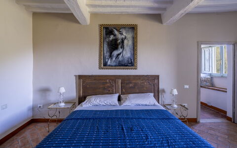 House in Sassa, Historic Tuscany Village, View: Bed, Furniture, Bedding, Bedroom, Bed Sheet, Interior Design, Floor, Flooring, Wood, Room