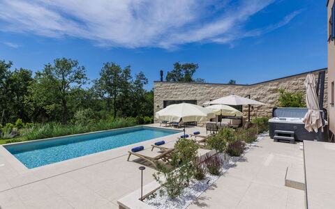 La Mari: Swimming Pool, Composite Material, Estate, Garden, Flagstone, Shade, Landscaping, Concrete, Courtyard, Villa