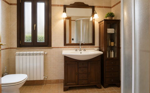 Villa Margi: Bathroom Sink, Interior Design, Flooring, Furniture, Plumbing Fixture, Sink, Wood, Floor, Bathroom Cabinet, Mirror