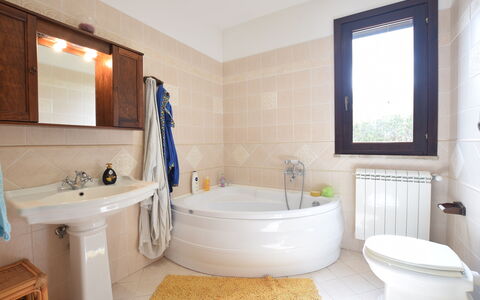 Villa Margi: Bathroom, Flooring, Plumbing Fixture, Interior Design, Floor, Bathtub, Tap, Plumbing, Sink, Toilet