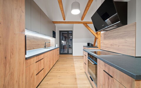 Na Kovárně: Flooring, Wood, Interior Design, Floor, Wood Flooring, Ceiling, Countertop, Kitchen, Furniture, Home