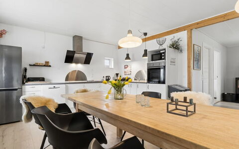 Grette - 600M from the Sea: Furniture, Flooring, Interior Design, Wood, Ceiling, Kitchen, Light Fixture, Kitchen & Dining Room Table, Floor, Countertop