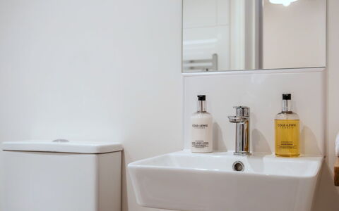 Alpine Cottage: Interior Design, Plumbing Fixture, Bathroom Sink, Bathroom, Sink, Tap, Mirror, Flooring, Plumbing