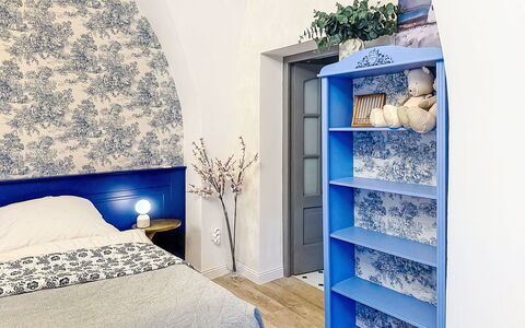Luxury Suite 244: Blue, Furniture, Interior Design, Wall, Wood, Home, Room, Textile, Floor, Flooring