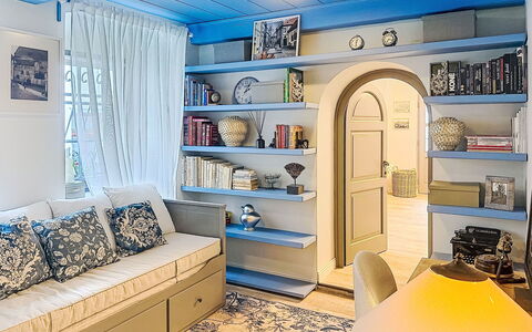 Luxury Suite 244: Furniture, Blue, Interior Design, Couch, Wall, Flooring, Floor, Room, Ceiling, Home