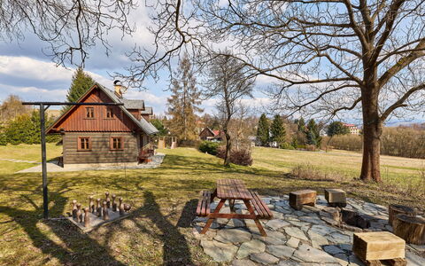 Timber Lodge with Sauna: Tree, Grass, House, Wood, Home, Cottage, Roof, Rural Area, Landscape