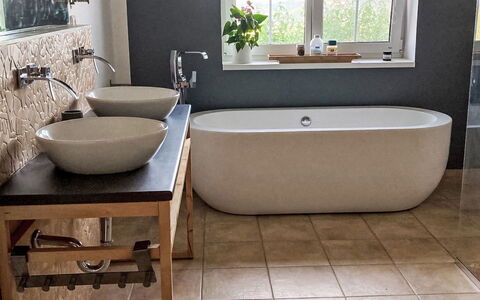 Hillside View: Bathroom, Flooring, Plumbing Fixture, Floor, Interior Design, Plumbing, Tap, Tile, Composite Material, Bathtub