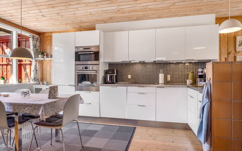 Eivi - 200M from the Sea: Kitchen, Kitchen Appliance, Countertop, Furniture, Interior Design, Flooring, Cabinetry, Major Appliance, Wood, Ceiling