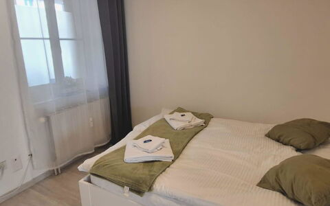 Apartment Goldey: Bed, Bedroom, Bed Sheet, Floor, Bedding, Flooring, Wood, Interior Design, Furniture, Linens