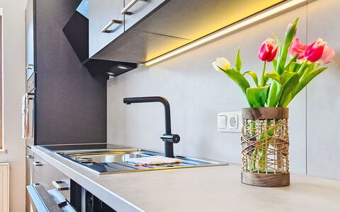 Panoramablick Tauern: Kitchen, Countertop, Interior Design, Furniture, Kitchen Appliance, Cabinetry, Flooring, Wood, Home, Light Fixture