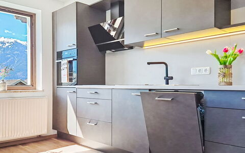 Panoramablick Tauern: Kitchen, Kitchen Appliance, Countertop, Furniture, Interior Design, Flooring, Cabinetry, Wood, Home Appliance, Major Appliance