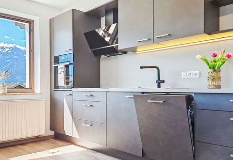 Panoramablick Tauern: Kitchen, Kitchen Appliance, Countertop, Furniture, Interior Design, Flooring, Cabinetry, Wood, Home Appliance, Major Appliance