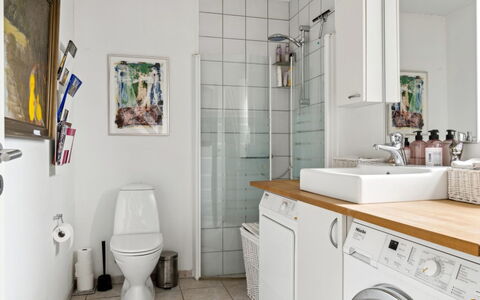 Arnke - 300M from the Sea: Interior Design, Washing Machine, Plumbing Fixture, Flooring, Floor, Sink, Laundry Room, Bathroom, Tap, Plumbing