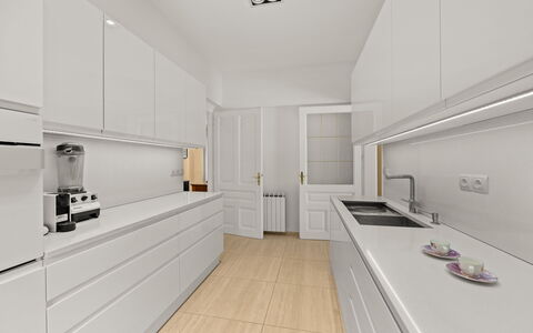 Apartment Noa Opatjia: Flooring, Interior Design, Kitchen, Countertop, Wood, Floor, Cabinetry, Kitchen Appliance, Furniture, Ceiling