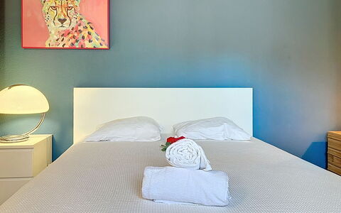 Le Mas Chablais: Furniture, Bed, Blue, Bedroom, Interior Design, Bedding, Wall, Bed Sheet, Floor, Flooring