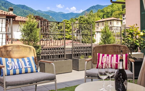 Terrazza Segreta: Furniture, Outdoor Furniture, Interior Design, Chair, Home, Apartment, Outdoor Table, Balcony, Shade, Houseplant