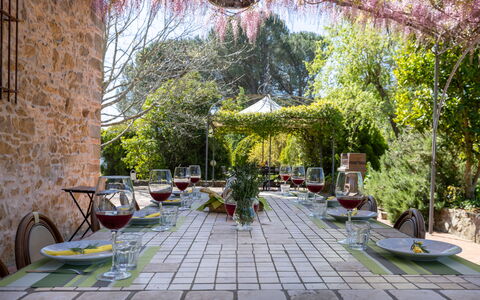 Il Leccio, Vinci, Private Pool and Tennis: Furniture, Table, Chair, Restaurant, Outdoor Furniture, Outdoor Table, Kitchen & Dining Room Table, Garden, Shade, Tablecloth