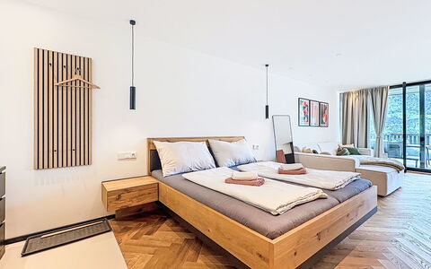 Dachsteinblick: Interior Design, Furniture, Bed, Bedroom, Flooring, Floor, Wood, Ceiling, Room, Lighting