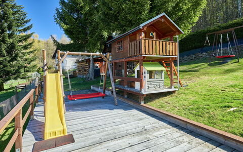 Rustic Lodge: Wood, Playground Slide, Cottage, Outdoor Play Equipment, Garden, Log Cabin, Leisure, Wood Stain, Hardwood, Yard