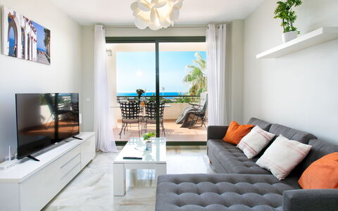 Nerja Center View: Furniture, Interior Design, Flooring, Couch, Table, Living Room, Floor, Apartment, Room