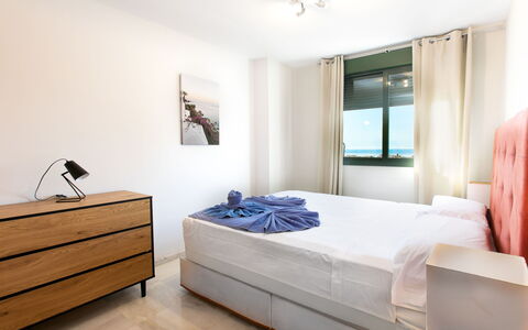 Nerja Center View: Furniture, Bed, Interior Design, Flooring, Bedroom, Floor, Wood, Bed Sheet, Bedding, Room