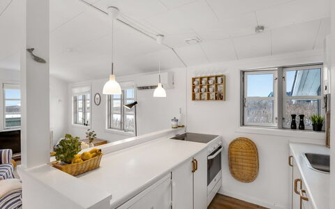 Ovine - 200M from the Sea: Kitchen, Interior Design, Flooring, Ceiling, Countertop, Wood, Cabinetry, Light Fixture, Furniture, Floor