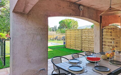 Villa Dolce Vita: Furniture, Outdoor Furniture, Outdoor Table, Shade, Kitchen & Dining Room Table, Chair, Hacienda, Backyard, Brick, Patio