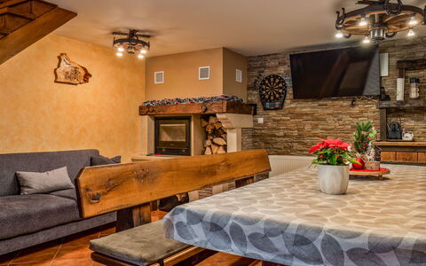 Cozy Bear Cabin: Furniture, Interior Design, Flooring, Wood, Couch, Ceiling, Floor, Room, Lighting, Living Room