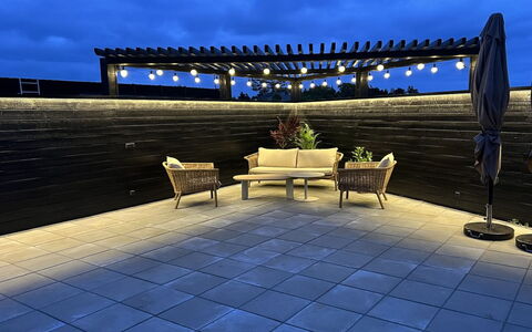 Brigita - 100M to the Fjord: Lighting, Composite Material, Outdoor Furniture, Landscape Lighting, Chair, Courtyard, Swimming Pool, Outdoor Table, Patio, Deck