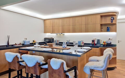 Balcon des Alpes 24: Furniture, Interior Design, Flooring, Wood, Kitchen, Countertop, Ceiling, Floor, Lighting, Light Fixture