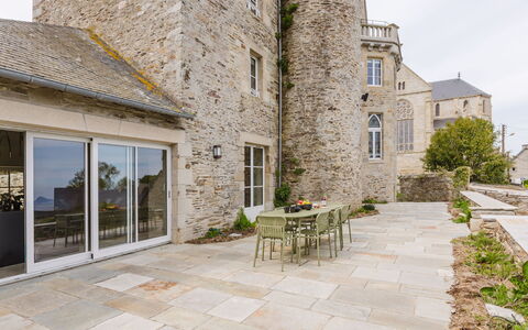 Domaine de Saint Cast: Furniture, Balcony, Shade, Garden, Outdoor Furniture, Chair, Porch, Yard, Landscaping, Backyard