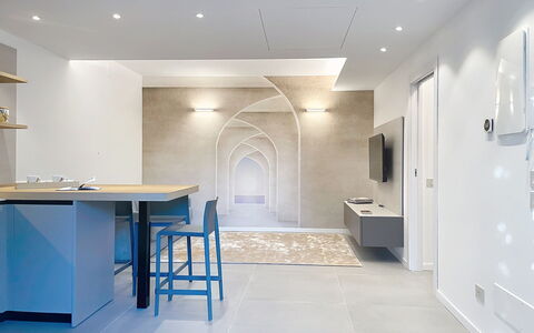 Renza: Furniture, Interior Design, Flooring, Chair, Floor, Table, Kitchen & Dining Room Table, Shade, Ceiling, Wood Stain