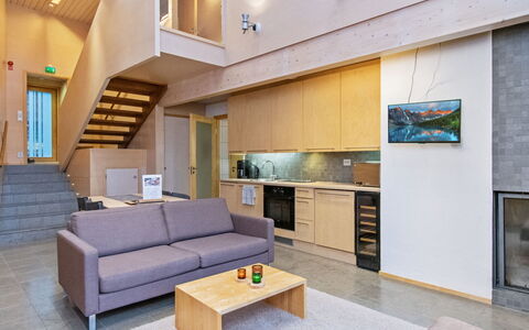Villa Sinikka 1: Interior Design, Furniture, Flooring, Wood, Couch, Floor, Ceiling, Living Room, Room, Lighting