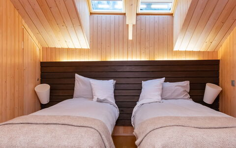 Villa Antti: Interior Design, Floor, Flooring, Wood, Bedroom, Ceiling, Bed, Furniture, Lighting, Linens