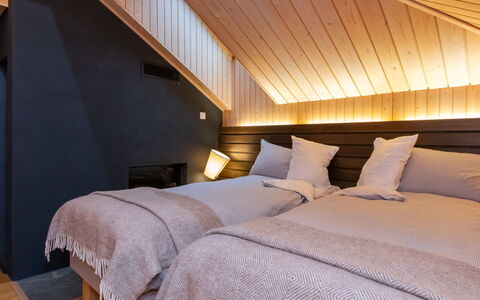 Villa Antti: Bedroom, Interior Design, Wood, Flooring, Floor, Bed, Bed Sheet, Bedding, Ceiling, Furniture