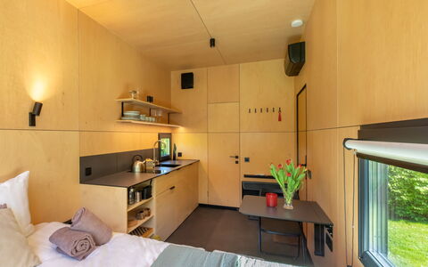 Tiny Cabin Sunshine No 21: Interior Design, Flooring, Floor, Living Room, Wood Stain, Couch, Varnish, Plywood, Desk