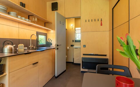 Tiny Cabin Sunshine No 21: Interior Design, Flooring, Floor, Kitchen, Countertop, Wood Stain, Cabinetry, Plywood, Varnish