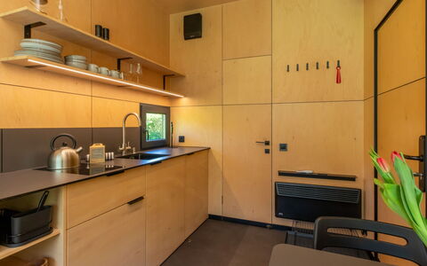 Tiny Cabin Sunshine No 21: Wood, Flooring, Interior Design, Floor, Wood Stain, Kitchen, Plywood, Cabinetry, Countertop, Hardwood