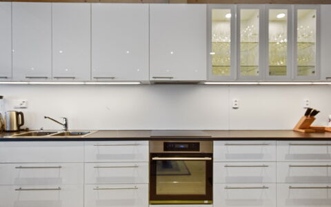 Villa Ruuska: Wood, Cabinetry, Kitchen, Flooring, Interior Design, Kitchen Appliance, Countertop, Furniture, Cupboard, Drawer