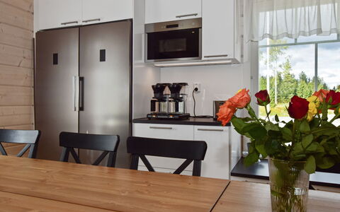 Villa Ruuska: Furniture, Interior Design, Flooring, Wood, Floor, Kitchen, Countertop, Kitchen Appliance, Chair, Table