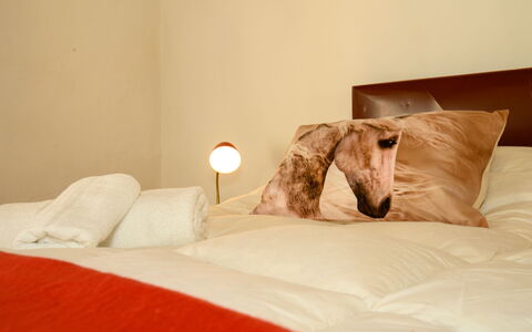 Villa the Horses: Bedroom, Bed Sheet, Linens, Textile, Bedding, Bed, Furniture, Interior Design, Brown, Lighting