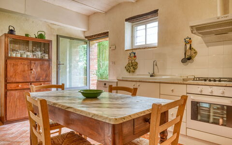 Villa the Horses: Furniture, Interior Design, Flooring, Wood, Cabinetry, Kitchen, Countertop, Floor, Ceiling, Room