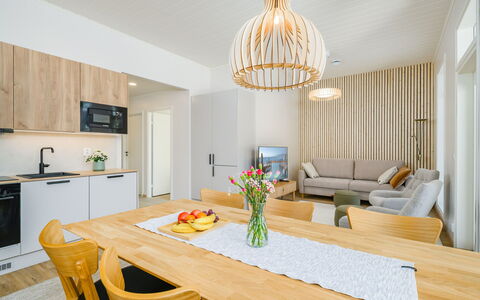 Saariselän Aavahelmi C: Furniture, Interior Design, Flooring, Floor, Wood, Light Fixture, Ceiling, Wood Flooring, Room, Lighting