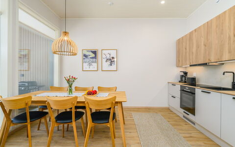 Saariselän Aavahelmi C: Furniture, Interior Design, Flooring, Wood Flooring, Floor, Wood, Ceiling, Kitchen & Dining Room Table, Dining Room, Light Fixture